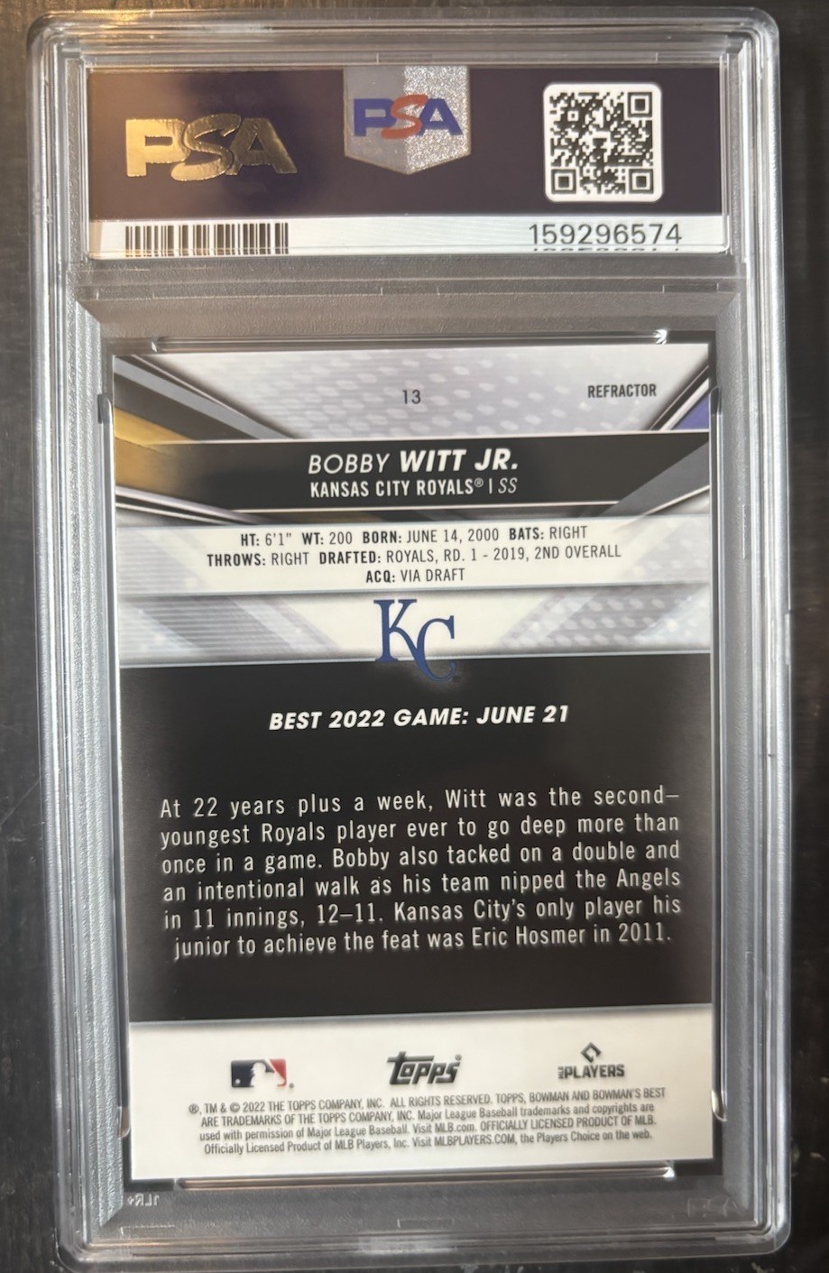 2022 Bowman's Best Bobby Witt Jr. #13 Refractor (RC) PSA 10 view 2