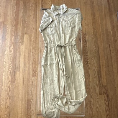 ciminy paris Women s Beige Collared Short Sleeve zip Jumpsuit w gathered ankle S