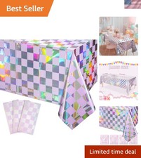 3Pack Iridescent Checkered and Purple Plastic Tablecloths Shiny Disposable La...