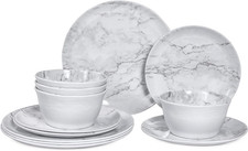 Modern 12-Piece White Marble Melamine Dinnerware Set for 4 - Plates & Bowls
