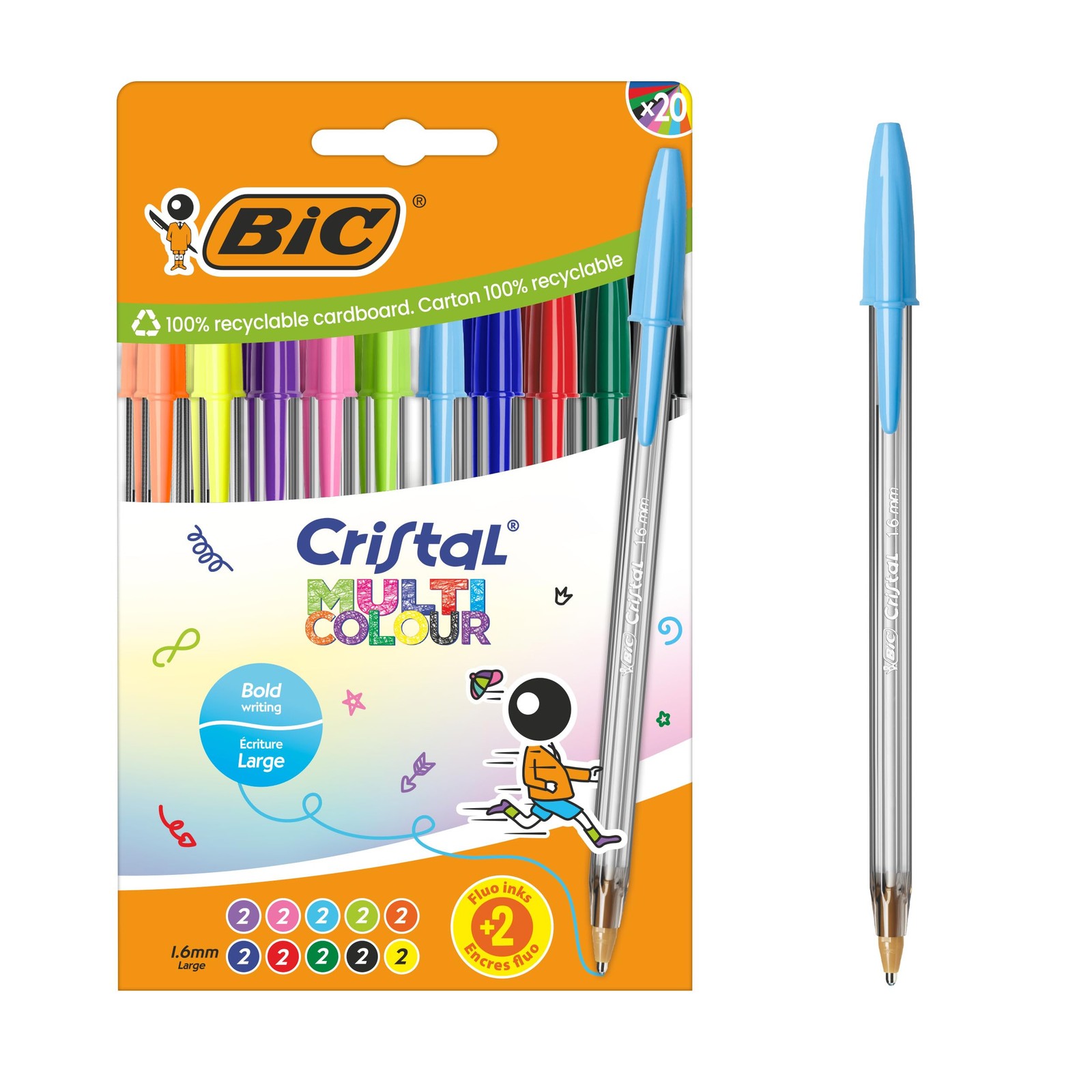 Stylos-bille Cristal Multicolour 1,6 mm pointe large encres classiques couleurs assorties