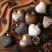 12 Pcs Neutral Texture Heart Christmas Ornaments 3.54 Inch Antique Rustic Bro...