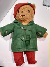 Teddy Bear tan vtg 16" long, clothing handmade, Embroidery Nose Mouth