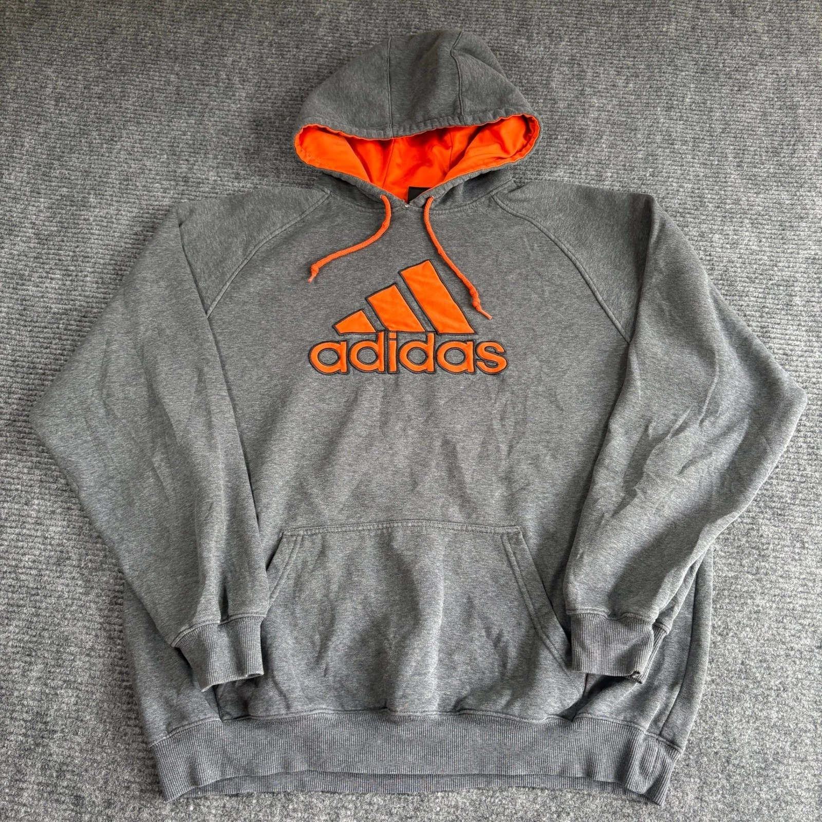 Adidas Mens XL Hoodie Heather Gray Orange Embroidered Logo Pullover Fleece 3675