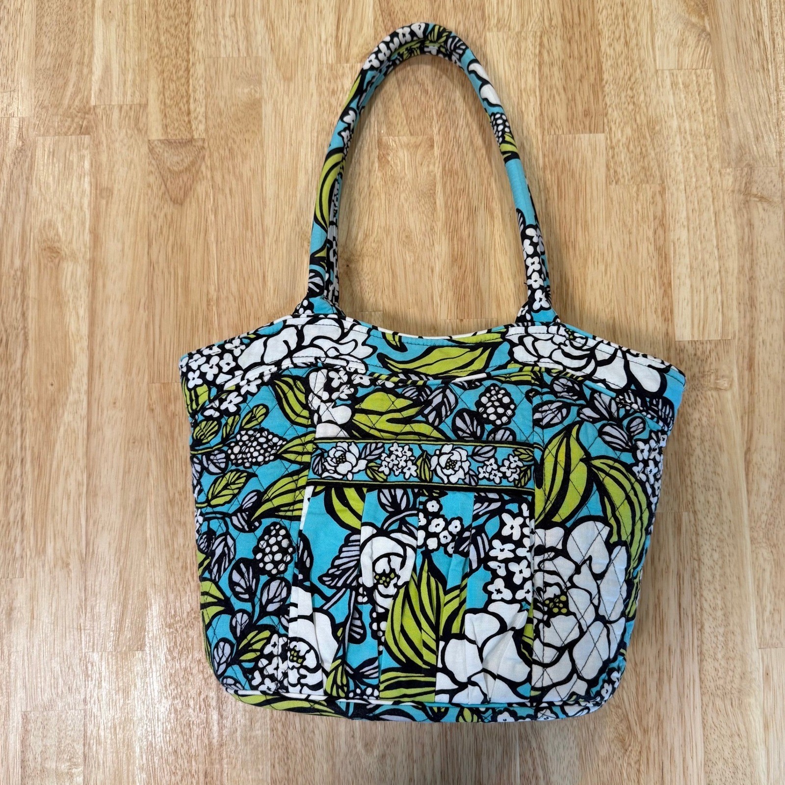 Vera Bradley Tote Bag Floral Print Turquoise Green White Black Shoulder Bag