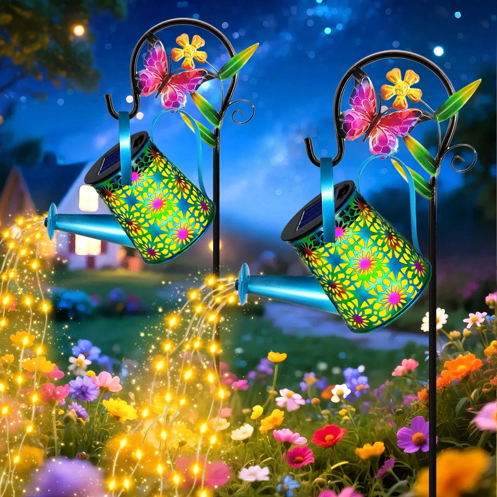 2 Pack Solar Lights Outdoor Decorative, Blue Metal Solar Watering Can Lights ...