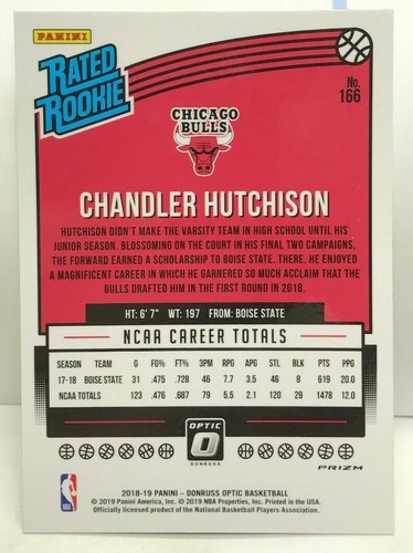 Chandler Hutchison 2018-19 Donruss Optic Weiß Sparkle Prizm Refraktor RC #166 Sp - Bild 2 von 2