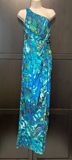 NEW Adrianna Papell Pleated One-Shoulder Chiffon Gown Size 4 Turquoise Print