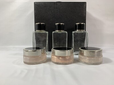 Vintage 1950s Vanity Set Black Vinyl Travel Case Cologne Bottles & Powder Pots