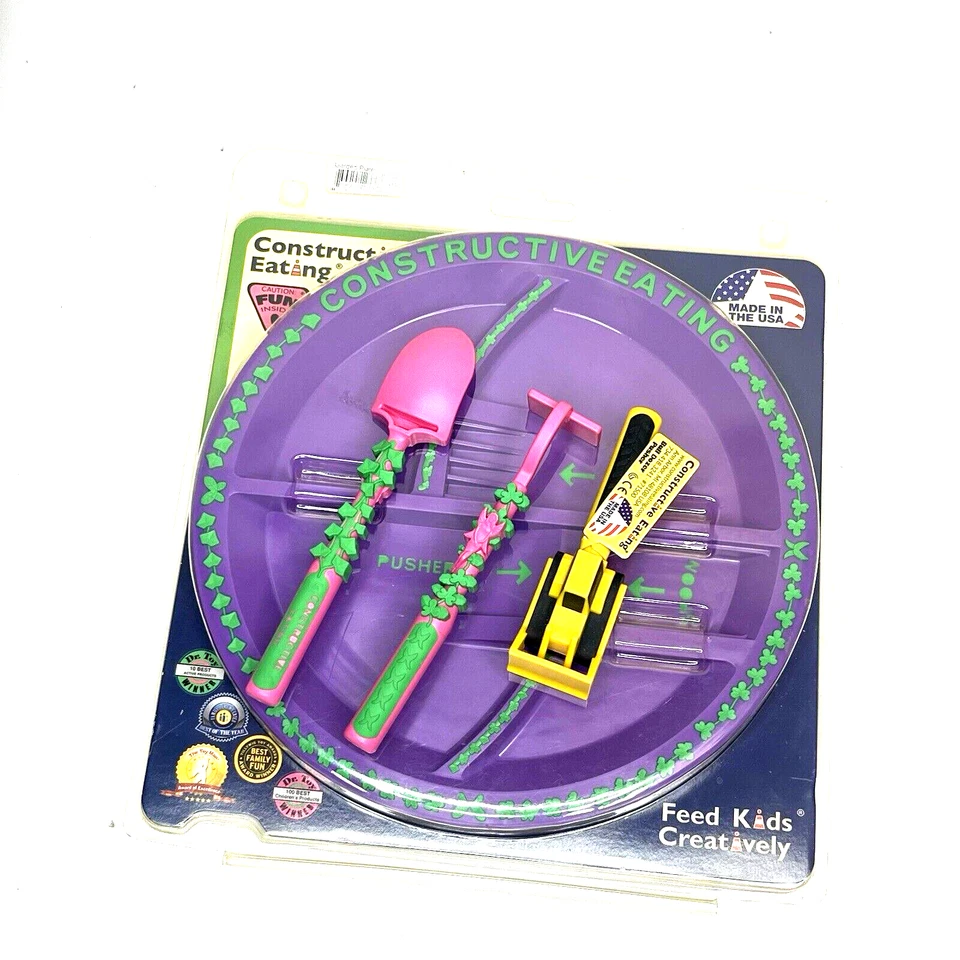 NUEVO Plato creativo de alimentación infantil púrpura constructivo con utensilios Foto 2 de 4