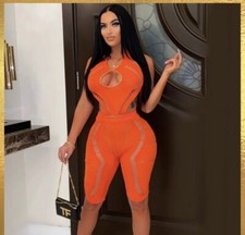 Womens Jumpsuit Knit Cutout Romper one piece- Orange party