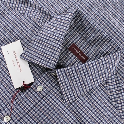 Luciano Barbera NWT Button Up Sport Shirt Size XL In Blues White Tan Plaid 