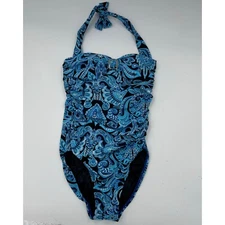 Spanx Assets By Sara Blakely Women's Blue Paisley Halter One Piece Swimsuit Size