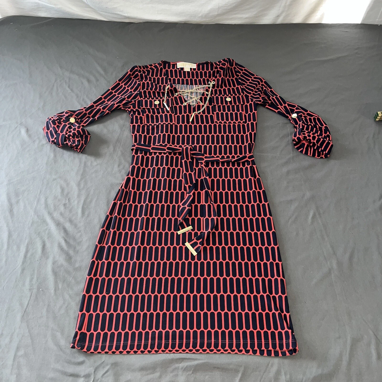 Abito Michael Kors rosso corallo rosa blu oro catena accento taglia XS