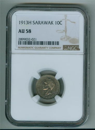 SARAWAK 1913-H 10 CENTS SILVER C. BROOKE RAJAH NGC AU-58