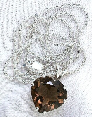 11 Carat Smoky Quartz Heart Gem Sterling Pendant Rope Chain Necklace EBS8909