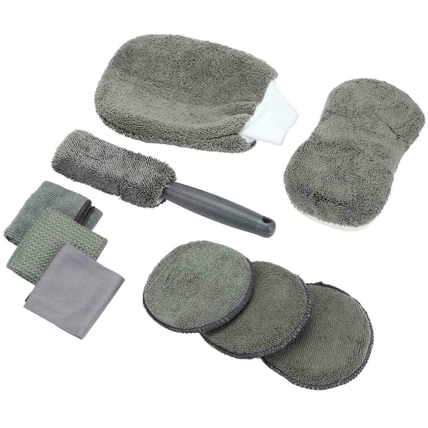 GREY 9PC PROFESSIONAL CAR CLEANING KIT DETAILING BRUSH MICROFIBRE  DUSTER BAG