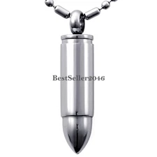 Stainless Steel Polished Bullet Shape Urn Pendant Necklace Cremation Jewelry 22"