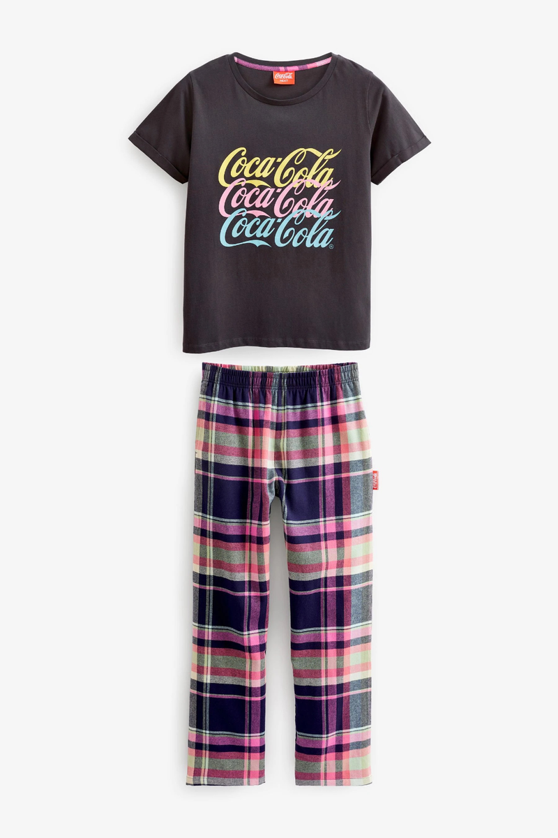 LADIES OFFICIAL COCA COLA GREY PINK COTTON LOUNGEWEAR PYJAMAS SET UK 12,  14, 16