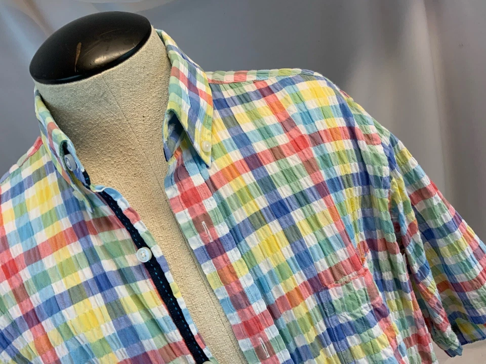 Camisa masculina Tailorbyrd Seersucker SS botão L azul amarela vermelha algodão YGI H1-24 - Imagem 3 de 4