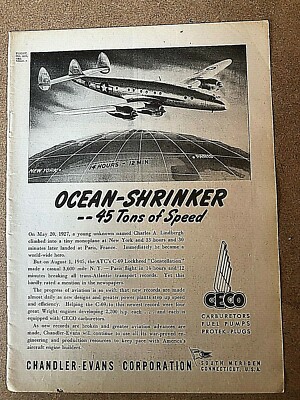 1945 Flugzeug Werbung CHANDLER EVANS CORP. CECO KRAFTSTOFFPUMPEN STECKER CONNECTICUT USA 