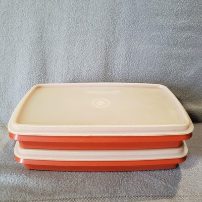 Set of 2 Vintage Tupperware Lunch Meat Deli Keepers Slim Red Orange w/ Lids