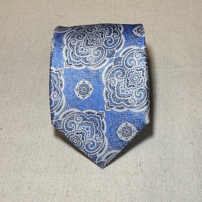 Paul Frederick Blue Woven 100% Silk Square Geometric Medallion Wedding Event Tie