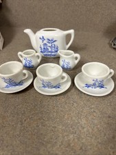 Vintage 1960s Japanese Porcelain Miniature Childs Tea Set 9 Pc Blue White Japan