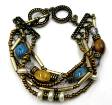 VTG MODERN ? 8.5" PD PREMIER DESIGNS yellow brown blue gold tone chunky Bracelet