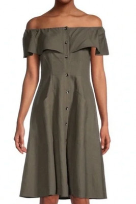 Saks Fifth Avenue Linen Blend Off Shoulder Dress Womens 8 Olive Green New