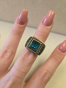 Heidi Daus Seaview Blue Crystal Solitaire Statement Ring Gold Rope Border Size 5