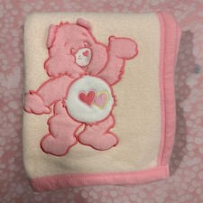 Vintage Pink Care Bears Baby Blanket Embroidered Plush Love A Lot Bear Fleece