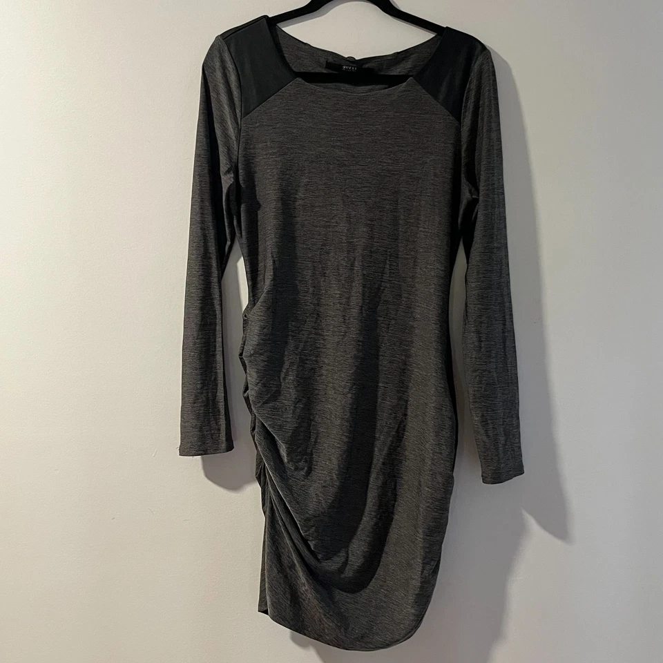 Vestido Vaina Guess Manga Larga Talla L Acanalado Gris Jaspeado Jersey e Imitación Cuero Foto 2 de 4