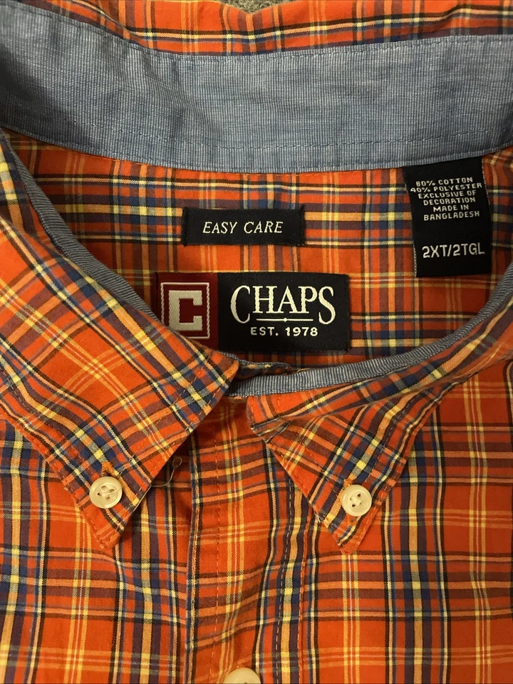 Camisa Chaps Para Hombre 2XLT Alta Naranja Azul A Cuadros Abotonada Fácil Cuidado Mezcla Algodón Foto 2 de 4