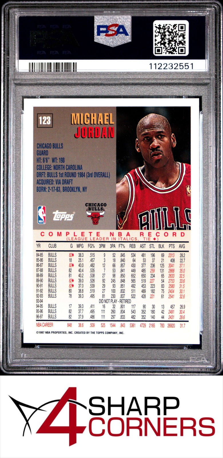 1997 TOPPS #123 MICHAEL JORDAN BULLS HOF PSA 10 view 2