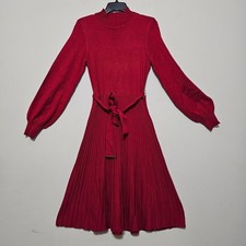 Jessica Howard Dress Medium/8 Red Midi Long Balloon Sleeve Mock Neck Belt 1078