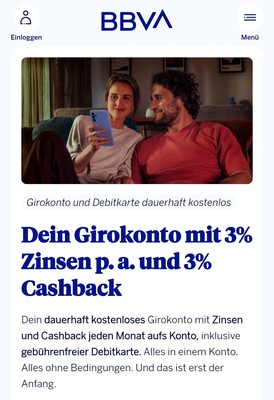BBVA Code für Zinsaktion 6 Monate 3% Zinsen sowie Cashback 