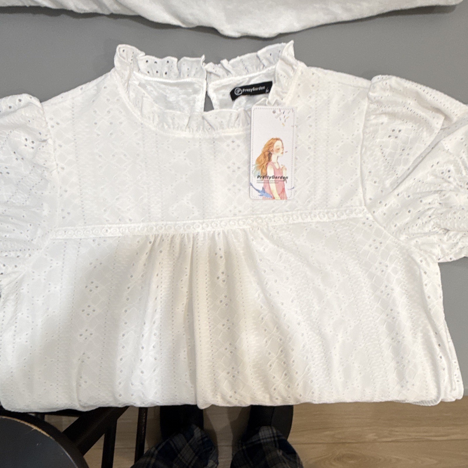 PrettyGarden Women's White Cotton Eyelet Ruffle High Neck Puff Blouse Size M