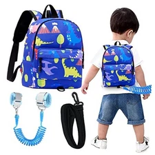  Toddler Backpack Leash with Anti Lost Wrist Link, Cute Blue/Dino, Blue Link
