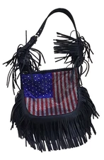 American Flag USA Crystal Rhinestone Black Faux Leather Fringe Handbag