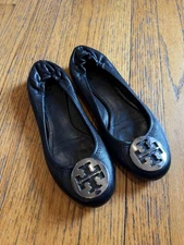 Tory Burch Reva Flats Womens Black Leather Ballet Shoes Logo Medallion Round Toe