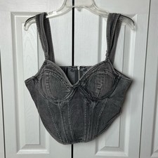 Pretty Little Thing Top Washed Gray Dip Hem Bust Cup Denim Corset 10