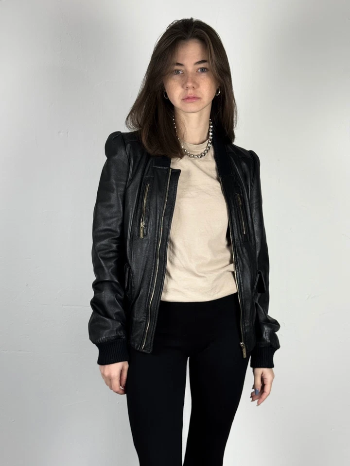 RARE Dsquared2 Women Horsehide Leather Black Biker Bomber Jacket Size ~ S - Image 3 of 4