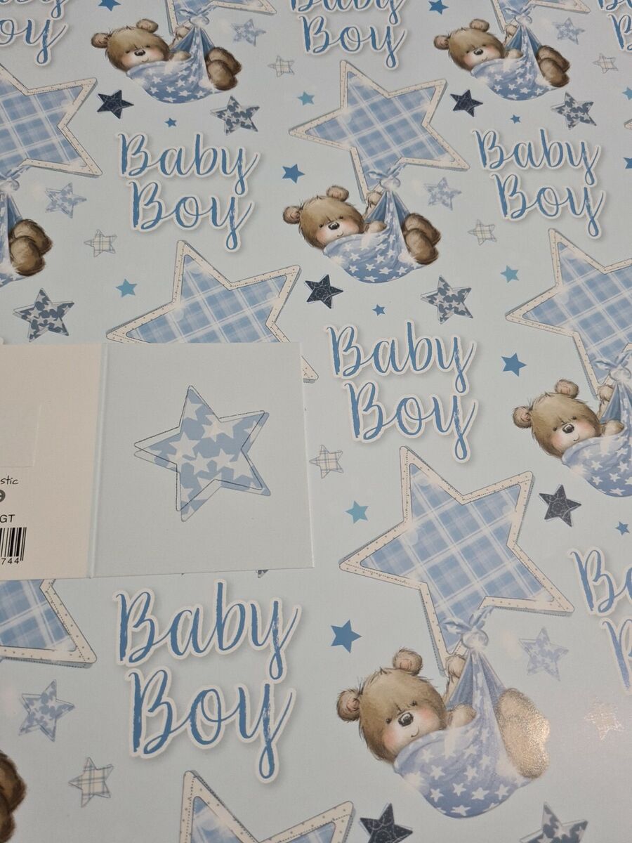 Gift Wrap 2 Sheets Wrapping Paper Baby Boy & 1 Gift Tag 50x70cm