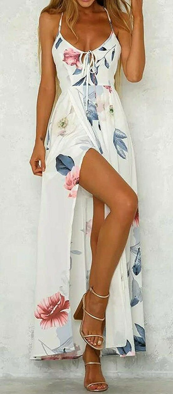 Womans Flowy Low-Cut Fit-Flare High Split Maxi Strappy Floral Beach Dress White