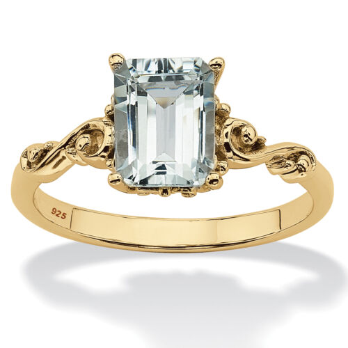 PalmBeach Jewelry 18k Gold Plated Silver Genuine Emerald Cut Aquamarine Ring - Picture 1 of 5