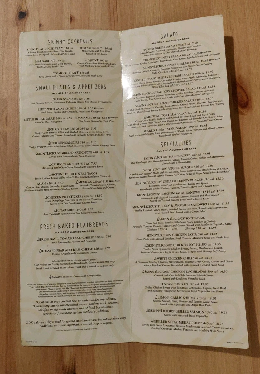 1 CHEESECAKE FACTORY Restaurant Menu SKINNYLICIOUS eBay