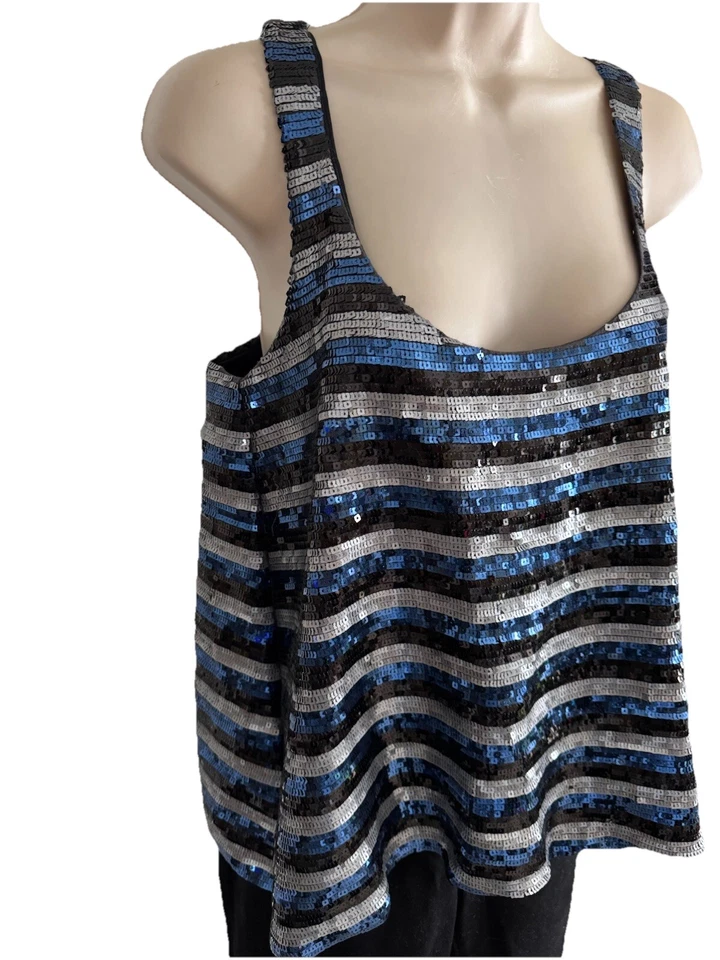 Top de lentejuelas horizontales Heirloom J CREW azul negro plata tanque ropa de club correas S Foto 4 de 4