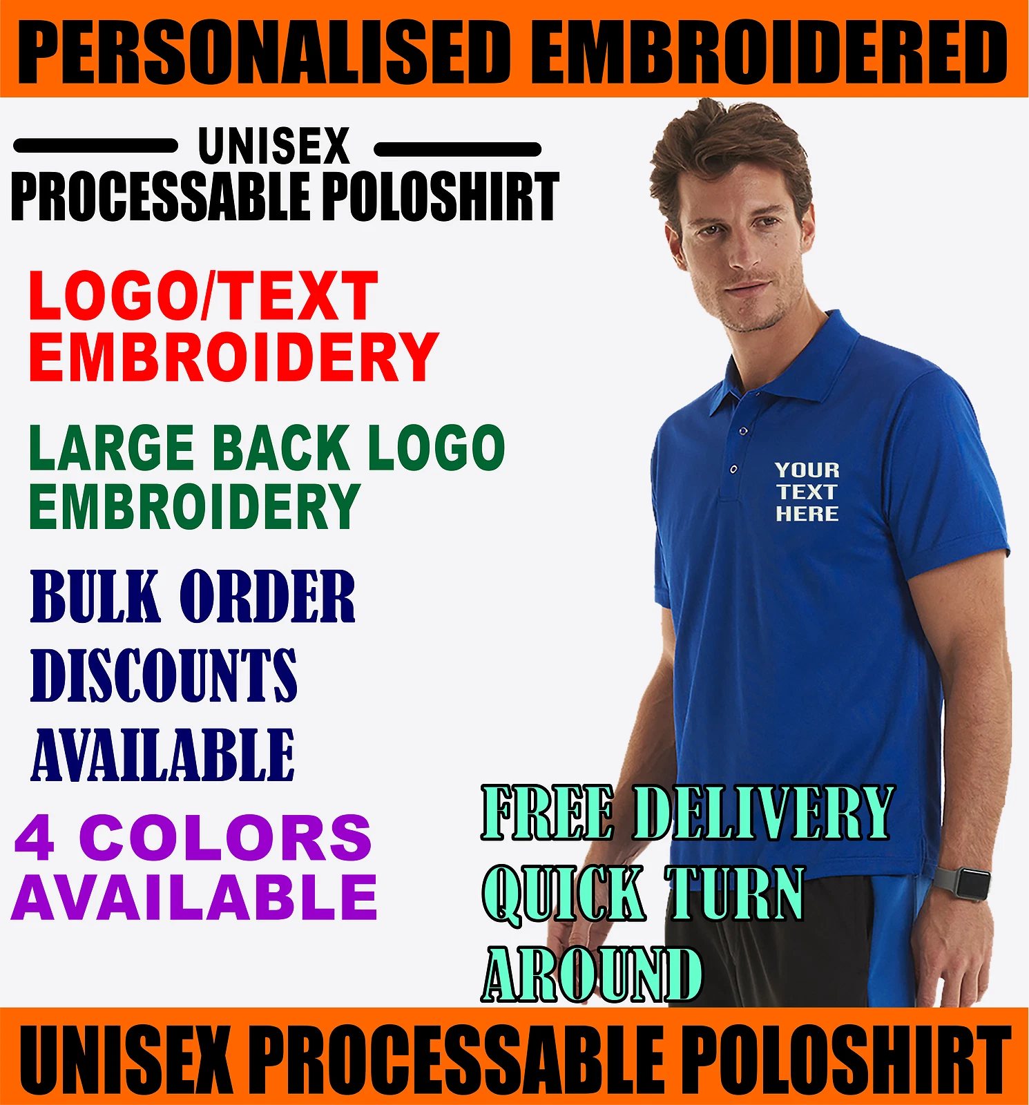 Personalised Embroidered Text Uneek UC121 Adults Unisex Processable Polo Shirt