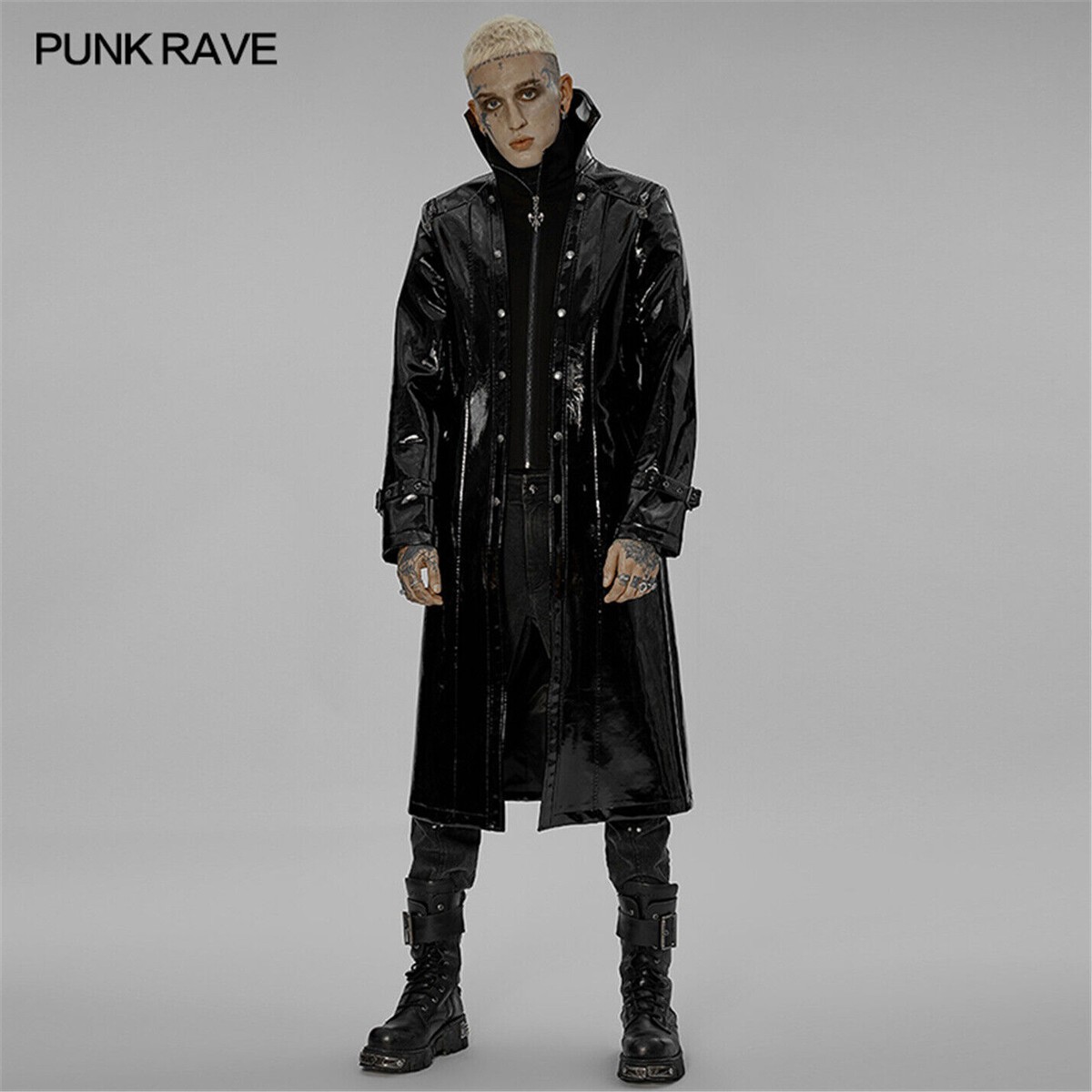 Punk Rave Men Gothic Bright Patent Leather Long Coat Punk Rave Men Gothic Bright Patent Leather Long Coat